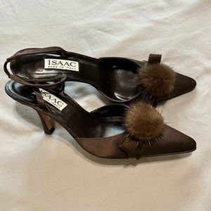 Isaac Mizrah Brown Satin and Mink Pumps/Heels